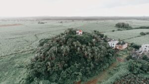 Veduta aerea di un tempio indù tra le piantagioni di canna da zucchero a Mauritius nel 2025 – Viaggi Over 55