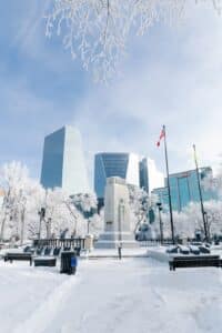 Winter scene with buildings and snowy trees.