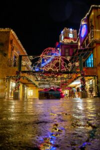 people walking on street near building during night time